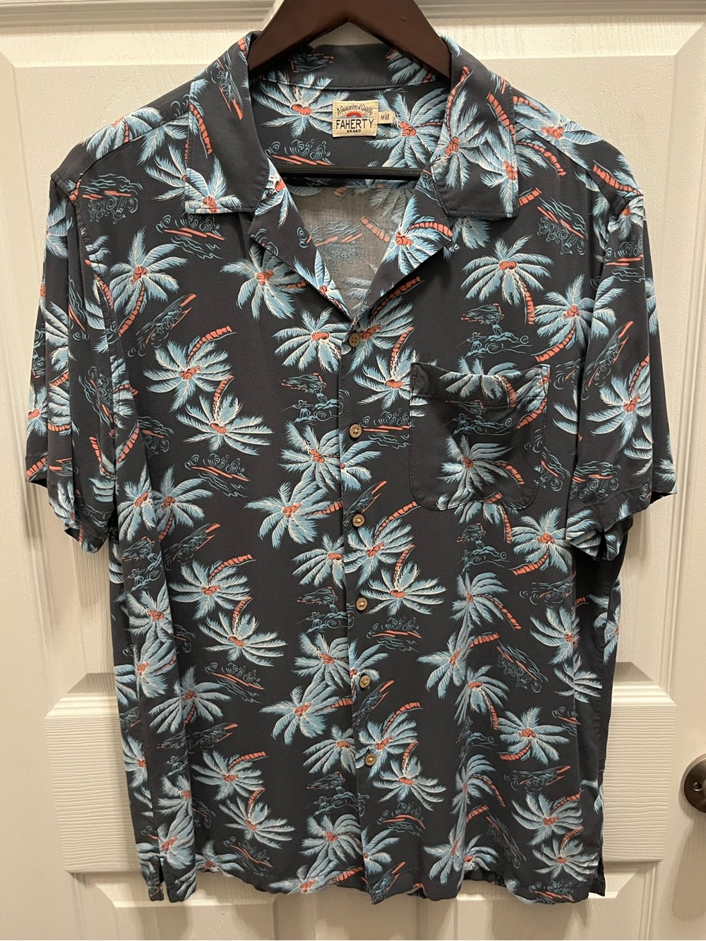 Faherty Black Palm-Print Camp Shirt with Blue and Coral Accents